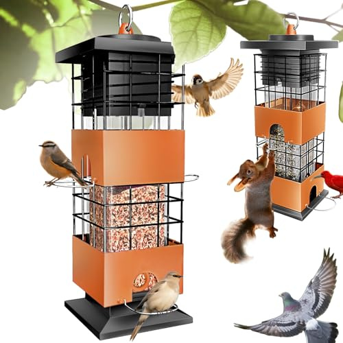 Squirrel Proof Bird Feeder, Niger Seed Bird Feeder w/4 Feeding Ports, Rat Proof Hanging Bird Feeders for Small Birds, Bird Seed Feeder, Metal Wild Bird Feeding Station for Garden (3LB, Brown)