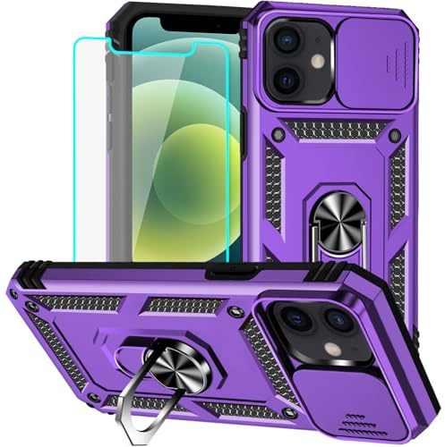 Yiakeng for iPhone 12 Mini Case with Screen Protector: [Military Grade 20ft. Drop Tested] Slide Camera Cover Ring Shockproof Protective Phone Case for - iPhone 12 Mini (Purple)