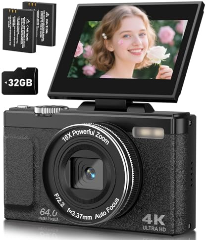 EJXHKNF Digital Camera, 4K 64MP Autofocus Compact Photo Camera, 3 Inch 180° Flip Screen, 16X Digital Zoom Vlogging Photography Cameras for Teens Beginners with 2 Batteries, 32G Card(Black)