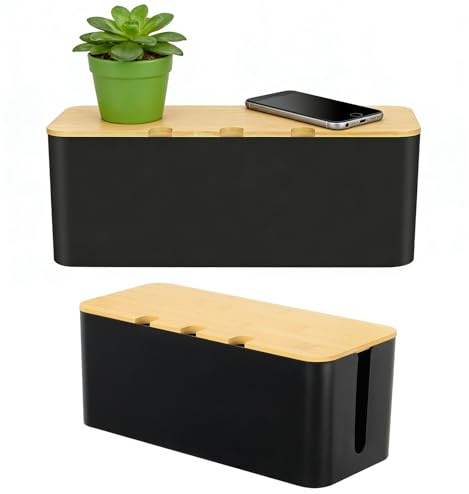 Cable Tidy Box 2 Pack Larger Desk Wire Organizer Box Cable Management Box Hiding Messy Cable Surface Wiring Power Strip Cord Management Storage Tray with Lid Lead Cover Box Large, Medium, Small -Black
