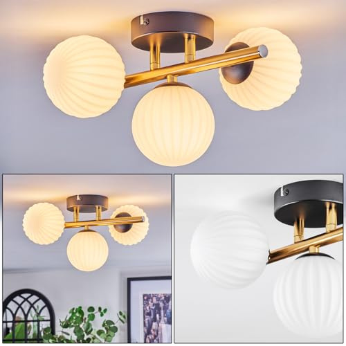 HOFSTEIN Deckenleuchte Chehalis, 3-flammige Deckenlampe aus Metall/Milchglas/Riffelglas in Schwarz/Gold/Weiß, Leuchte im Retro/Vintage-Design (Ø Schirme 10 cm), G9, Esszimmer, Schlafzimmer, Wohnzimmer