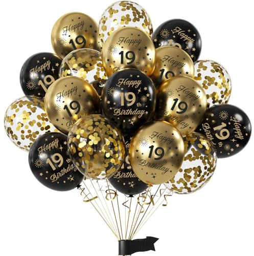 Luftballons 19.Geburtstag Deko,15 Stück 19.Geburtstag Junge Mädchen Schwarz Gold Deko, Happy Birthday Ballons Schwarz Gold Deko Geburtstagsjubiläum
