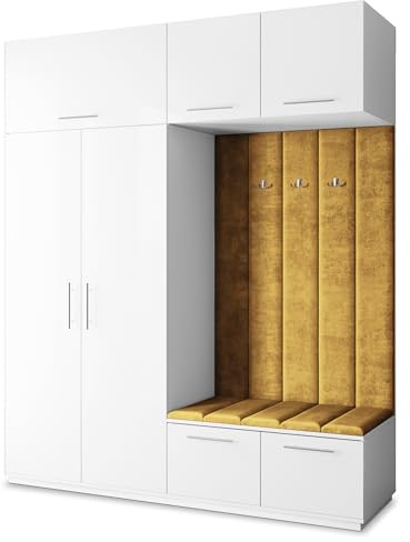 Masseno Flugarderoben Set Rema, Kleiderschrank-Set mit Sitzbank, Garderobenschrank Flur mit 5 Regalböden, Weiß