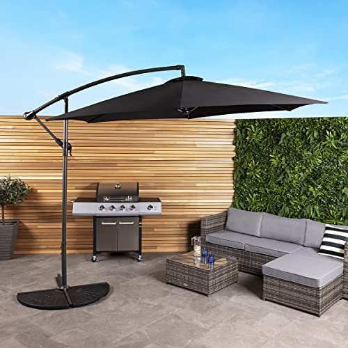 CHARLES BENTLEY Outdoor, Garden, Patio 3m Hanging Banana Cantilever Garden Umbrella, 12kg, Water Resistant, Sunshade, Free Standing, Crank Winding System, Powder Coated Steel, In Black (340x320cm)