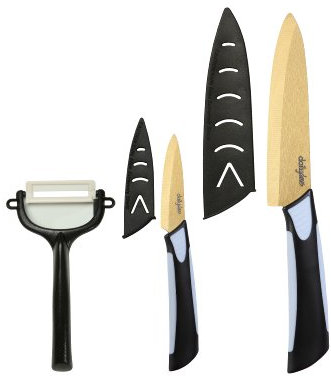 Dailycious DC-0041 Messer-Set, Keramik, goldfarbene Titanium-Klinge, zweifarbiger Griff aus schwarzem ABS und grauem Silikon, 1 Chefmesser (15 cm), 1 Gemüsemesser (7,5 cm), 1 Gemüseschäler und Schutzhüllen, 3-teiliges Set