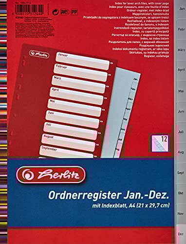 Herlitz Register A4, Monatsregister Januar - Dezember, für Ordner/Ringbücher/Hefter, PP-Folie, Grau, mit beschriftbarem Inhalts-Deckblatt, 10842714