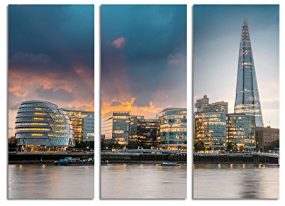 Paul Sinus Art 130x90cm – Keilrahmenbild London Skyline City Hall Sonnenaufgang 3teiliges Wandbild auf Leinwand und Keilrahmen - Fotobild Kunstdruck Artprint