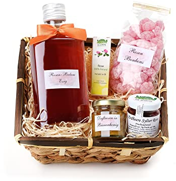 Präsentkorb Rosen Gebinde - aus Rosenessig, Rosen-Bonbons, Damaszener Rosen-Extrakt, Rosen Brotaufstrich - ein Geschenk für Frauen Damen Freundin Ehefrau zum Hochzeitstag zum Geburtstag zu Weihnachten