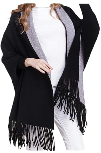 MyBeautyworld24 Frauen Kaschmir Poncho Strickjacke Strickpullover Mantel Winter Pullover Oversize Schal mit Ärmeln Farbe schwarz grau