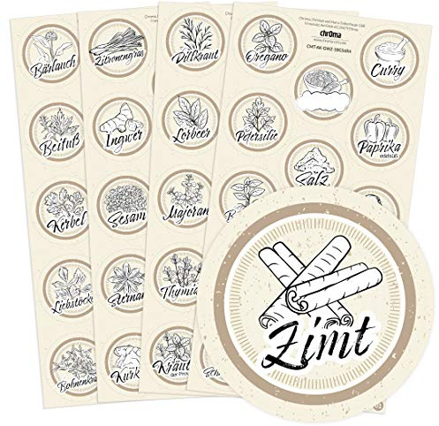 54 beige Gewürzetiketten/Gewürzaufkleber - individuelle Abbildungen der Gewürze - für Regale, Gläser oder Dosen - beschriftet, selbstklebend, Ø 4cm Kreis rund, Farbe: BEIGE
