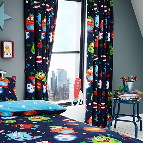 Happy Linen Company Kinder Vorhänge - Weltall-Motiv mit Monstern & Planeten - leuchtet im Dunkeln - Blau - 168 x 183 cm
