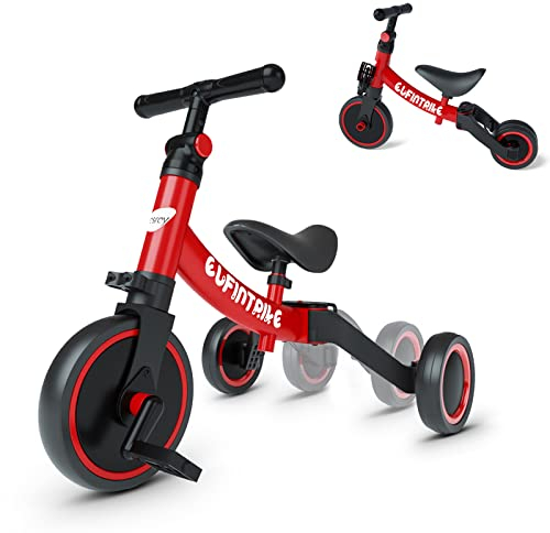 besrey 5 in 1 Laufräder Laufrad Kinderdreirad Dreirad Lauffahrrad Lauflernhilfe für Kinder ab 1 Jahre bis 4 Jahren - Rot