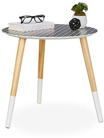 Relaxdays, schwarz/weiß/Natur Beistelltisch rund, dekoratives Muster, Holztisch niedrig, Dreibein Tisch, HxD 45x48 cm, 45 x 48 x 48 cm