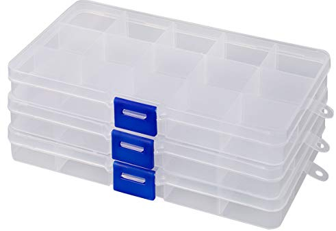YoiYee 15-Grid Transparent Jewellery Organizers Box with Adjustable Dividers - Small Clear Plastic Storage Boxes for Jewelry, Cosmetics, Crafts, Hair Accessories (Blue Buckle), Pack of 2