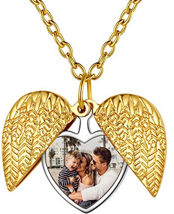 Custom4U Personalisierte Damen Herz Medaillon Gold Foto Herz Flügel Medaillon zum Öffnen für Bilder Memorial Engelsflügel Amulett Gold mit bild zum aufklappen Geschenke für Weihnachten Muttertag