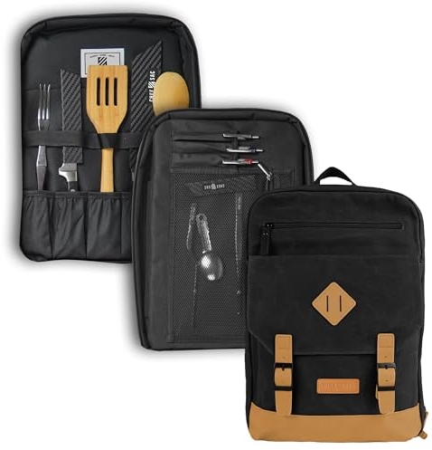 Chef Sac Elite Chef Knife Bag | Vintage Waxed Canvas Daypack | 20+ Pockets for Knives & Tools | Slots for Cleaver & Honing Rod | Water Resistant Material | Knife Organizer for Chefs (Black)