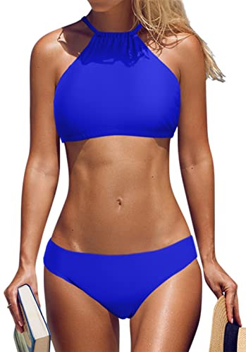 beautyin Womens High Neck Halter Cross Back Bikini Swimsuit Bathing Suit Blue