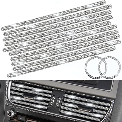 10 Stück Bling Car Vent Outlet Trim + 2 Stück Kristall Strass Ring Emblem Aufkleber Diamant Klimaanlage Dichtung Streifen Linie für alle geraden Lüftungsschlitze, Auto Innenraum Zubehör Dekoration