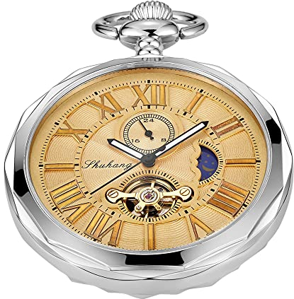 Tiong Römische Ziffern Zifferblatt Herren mechanisches Mondphasen-Design, Mond-Sonne-Muster, mechanische Taschenuhr für Herren mit Gehäuse und Kette, Mpw114-uk