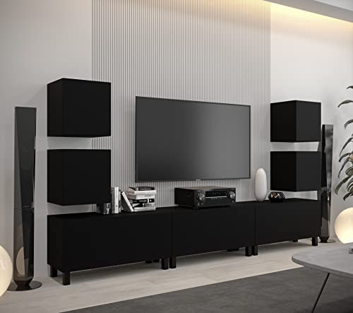 Furnitech Wohnwand Wohnzimmer | Wohnzimmer Möbel mit LED RGB - 16 Farben | Hängend Wohnwand Modern | Wohnzimmer Schrankwand mit Regale und TV Schrank (AN107-21B-M3)
