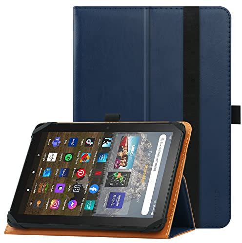 HGWALP Étui Universel pour Tablette 7 Pouces 8 Pouces, Étui Folio Universel Housse de Protection pour Tablette Tactile 7 8, avec Bande de Fixation en Silicone Réglable et Dragonne-Navy