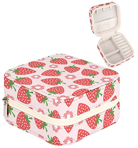 Joyidec Mini-Schmuckkästchen aus PU-Leder, mit Erdbeer-Blumen, kleine Reise-Schmuckschatulle, Aufbewahrungsbox für Ringe, Ohrringe, Halsketten, Armbänder, Anhänger, Organizer
