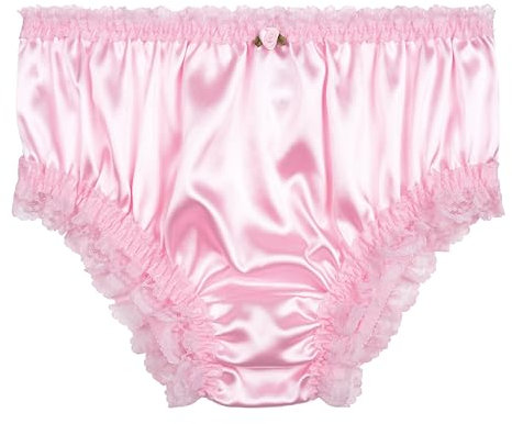 Satini Satin Dentelle froufroutante efféminé Shorty Slips Culottes sous-vêtements (Rose Clair, M)