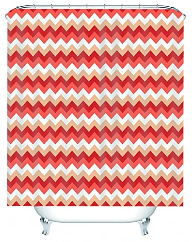 Duschvorhang Retro, Duschrollo für Badewanne Beige Rot Weiss Gewellte Streifen 120x180 Polyester Bad Vorhang Badezimmer Deko