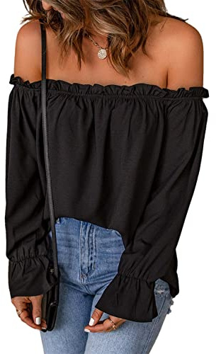 JECTZ Maglietta Tunica Casual Estiva con Spalle Scoperte Top con Maniche Svasate Camicia in Chiffon Sexy con Spalle Scoperte da Donna Top con Spalle Scoperte da Donna
