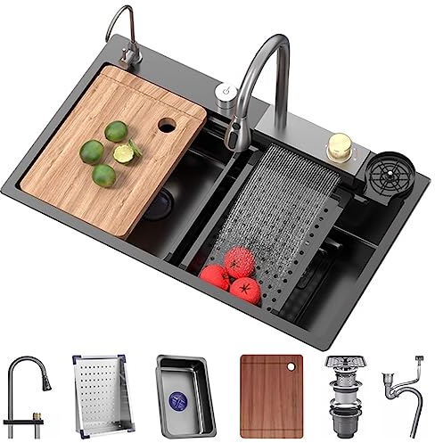 GMTstore Edelstahl-Wasserfall-Spüle Einzelschüssel Barspüle Küchenspüle Set Nanobeschichtete Arbeitsplatzspüle mit herausziehbarem Wasserhahn Druckbecher Unterlegscheibe (Größe : 68 x 45 x 22 cm)