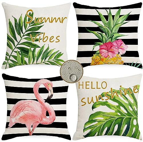 Kissenbezüge 35x35 cm 4er Set Flamingo Outdoor Kissen Sommer Sofakissen Dekokissen Kopfkissen Wasserfest Linen Zierkissen Quadratische Kissenhülle für Gartenmöbel Sofa Bett Auto Terrasse Schlafzimmer