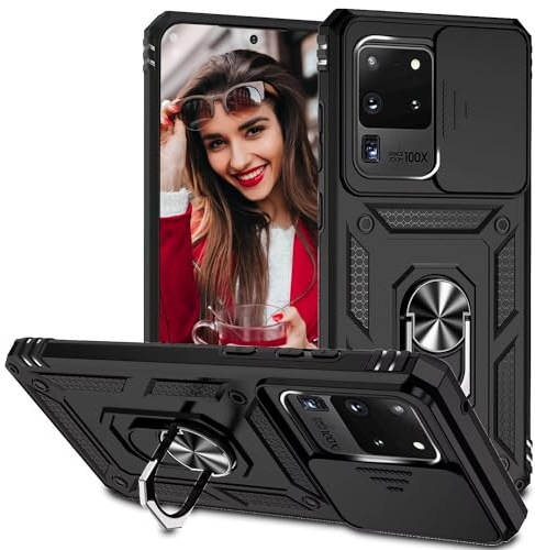 POUHYE Handyhülle für Samsung Galaxy S20 Ultra Hülle, [Slide Camera] Hybrid Militärqualität Stoßfest Bumper Outdoor Handyhülle mit 360° Drehbarer Metall Ring Ständer Schutzhülle Case Schwarz