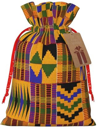 Bedruckte Weihnachtsgeschenktüten mit afrikanischem Weben – wiederverwendbar, umweltfreundlich, Jute, Kordelzug-Geschenkbeutel, S