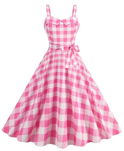 Robe vichy rose vintage années 50 rockabilly années 1950 sans manches à bretelles spaghetti trapèze robe midi cocktail soirée concours de beauté, rose, S