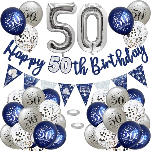 VUCDXOP 50 Geburtstag Deko Luftballons Dekoration Set Jahr Geburtstagdeko Happy Birthday Girlande Konfetti Nacht Blau Silber, Frauen Mann Party Supplies Zahl 50