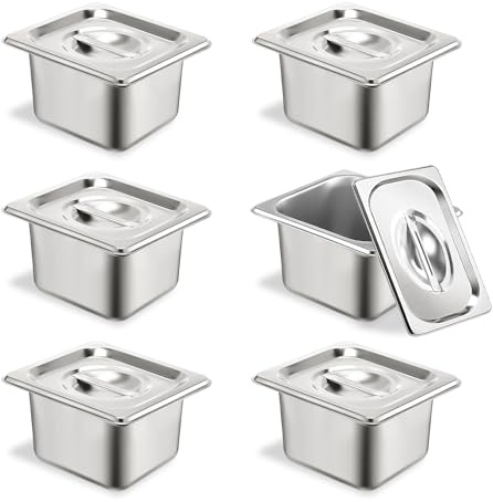 6 Set Hotel Pans 1/6 Size 4 Deep Stainless Steel Steam Table Pan w/Lids