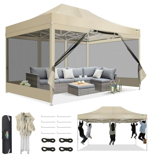 COBIZI Carpa Plegable 3x4,5 con Mosquitera Pared Lateral,Impermeable Carpa Plegable,Carpas para Exteriores Pergola,Cenadores para Jardin Camping Playa con Bolsa de Transporte(3 por 4,5m Caqui)