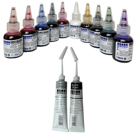 SÜDOR Glasmalfarben-Set. Schnelltrocknend Glasmalerei-Set. Vitrail. Geeignet zur dekorativen Gestaltung. Glass Paint Stained Glass (10 Farben x 25 ml & Konturenfarben (2 x 20ml))