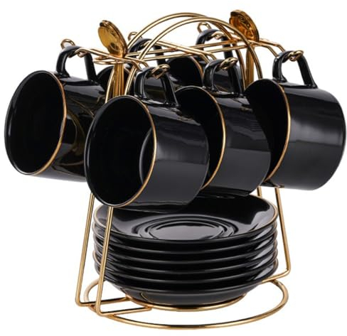 HSTWODE-cappuccino tassen set Tassen & Untertassen von 6 (150 ml), Luxus-Teetasse Set mit goldenen Trimm, Kaffeetasse mit Henkel, britischer Königlicher Porzellan Tassen (Schwarz glänzend)