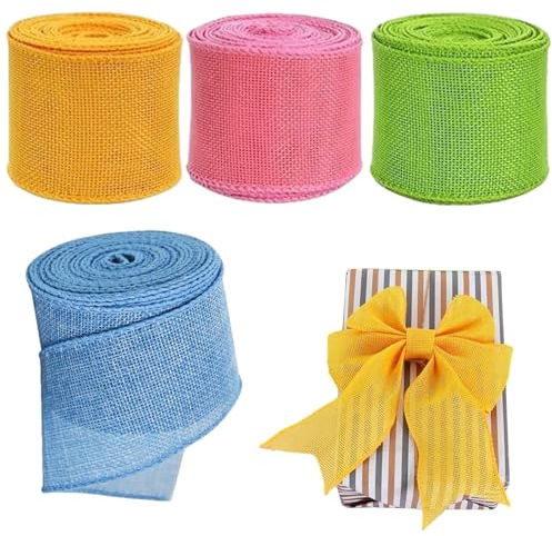 4 Rollen Ostern Schleifenband Breit Set - Grün/Pink/Blau/Gelb Dekoband Sackleinen 5 * 200cm | Geschenkband Breit Für Geschenk, Basteln,Hochzeit,Schleifen