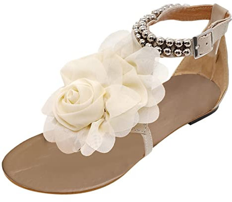 Sandalias planas con correa de flores para mujer, sandalias de verano con hebilla de cuerda para mujer, sandalias de doble hebilla para mujer, talla 11, White, 40 EU