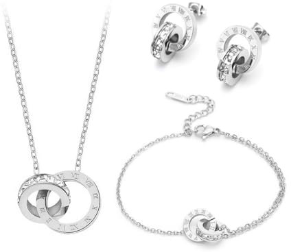 XIWCAFC SchmuckSet Silber Damen Doppelring Halskette Ohrringe Armband Schmuck sets Rosegold Zirkonia Kette Brautschmuck für Frau Freundin Mutter Tochter Geschenk (Silber)