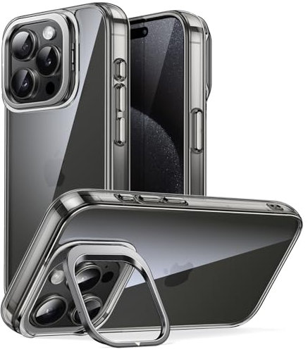 JETech Kickständer Hülle für iPhone 15 Pro 6,1 Zoll, Eingebaut Kamera Ring Ständer, Nicht Vergilbende Stoßfestes Stoßfänger Handyhülle, Anti-Kratzer Transparent Rückseite (Schwarzes Titan)