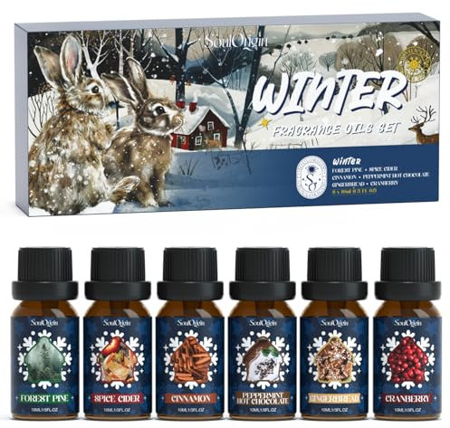 SoulOrigin Winter ätherische Öle Set, Duft Öl Geschenk Set für Öl Diffuser, duftende Öle für Seife 6x10ml Wald Kiefer, gewürzter Apfelwein, Zimt, Minze heiße Schokolade, Lebkuchen und Cranberry