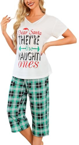 ENJOYNIGHT Womens Pyjama Sets Cotton Pjs Short Sleeve Capri Pants Nightwear