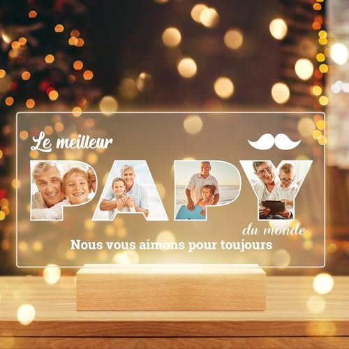 Bulaient Cadeau Noel Papy Personnalisé, Cadre Photo Personnalisé, Plaque Acrylique Personnalisée avec Veilleuse, Cadeau Anniversaire Papy
