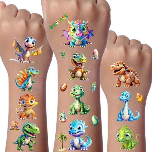 Dinosaurier Glitzer Tattoo Set, 12 Blätter Dino Temporäre Glitzer Tattoo, Dinosaurier Geschenk, Dino Geburtstag Deko Party, Mitgebsel Geburtstag
