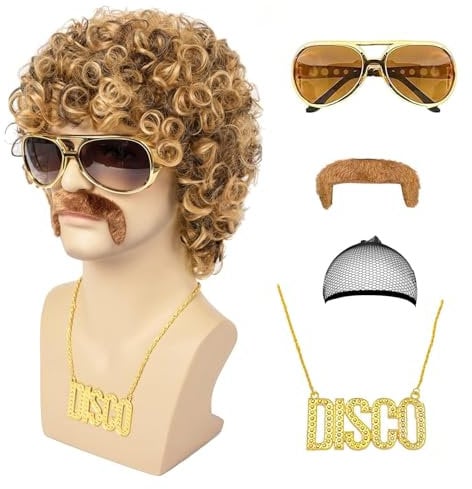 MIVORA 5er Set Herren Perücke, 70er Jahre Disco Dude Dirt Bag Perücke Halskette Schnurrbart kurz gelockt Afro Shaggy Perücke, Männer Karneval Fasching Perücke Faschingskostüme Halloween Party
