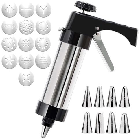 Gebäckspritze, Gebäckpresse Edelstahl, Kekspresse mit 13 Schablonen 8 Tüllen, Kekse Backen Zubehör DIY Cookie Press Set, Tortenspritze für Kekse Backen Kuchen