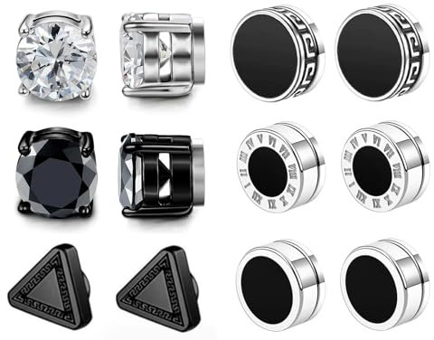 Männer Edelstahl Ohrstecker, 6/8 Paare Magnetische Ohrringe Set Ohrstecker Herren Fake Plugs Edelstahl Ohrringe für Männer Frauen Unisex 6/8/9mm (Schwarz&Weiß Set 6 Paare-A)